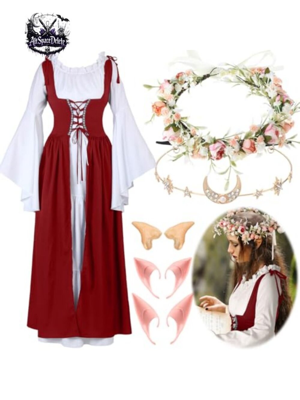 Renaissance Costume Set: Viking Dress, Elf Ears, Moon Chain